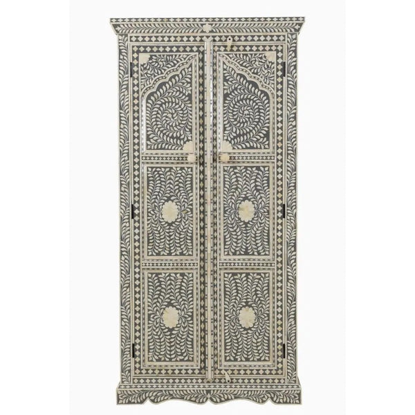 Jharokha Bone Inlay Floral Almirah Grey