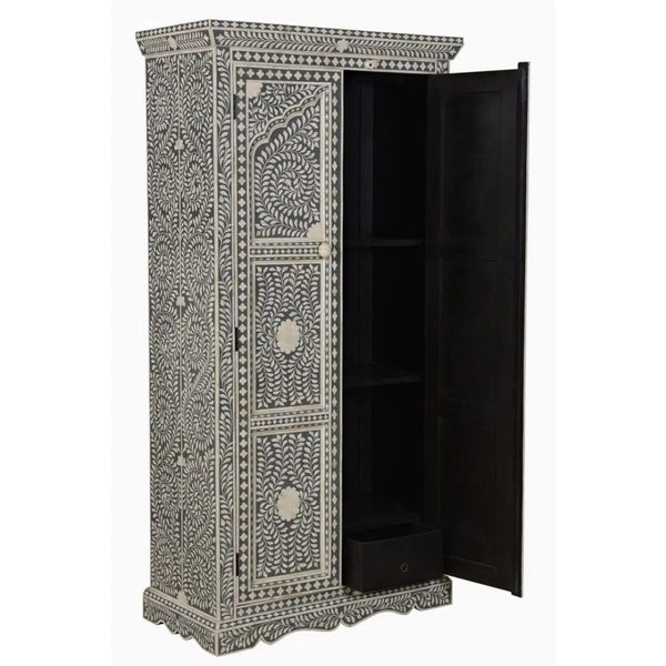 Jharokha Bone Inlay Floral Almirah Grey