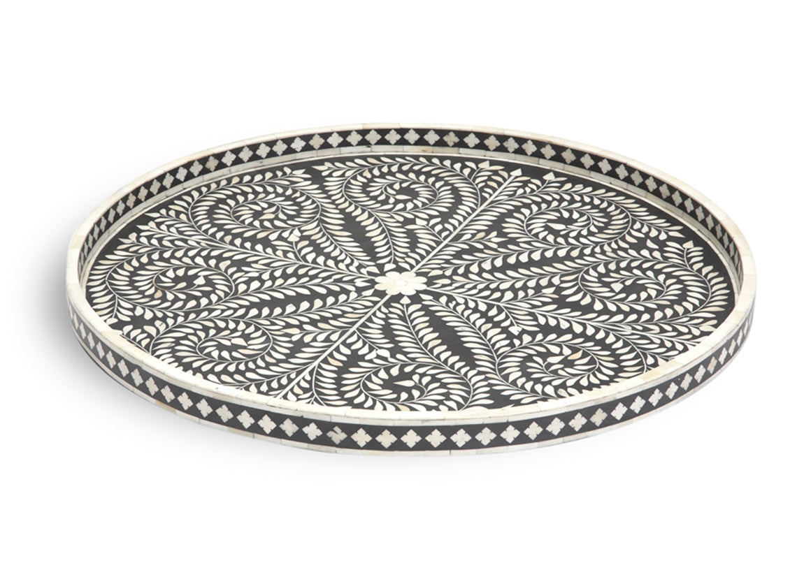 Large Round Bone Inlaid Tray Floral Design