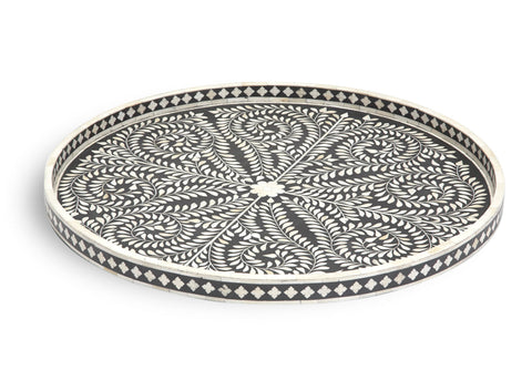 Large Round Bone Inlaid Tray Floral Design