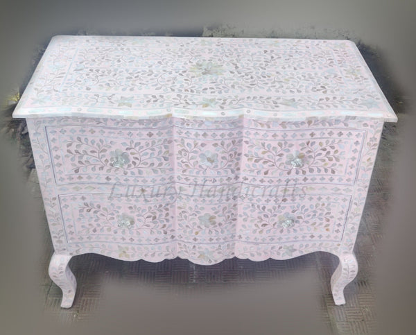 Mother Of Pearl Inlay Chest 2 Curved Drawer Floral Design Light Pink