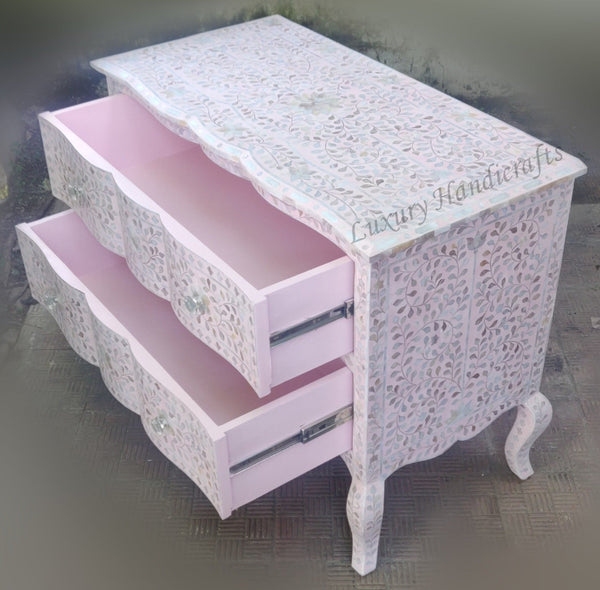 Mother Of Pearl Inlay Chest 2 Curved Drawer Floral Design Light Pink