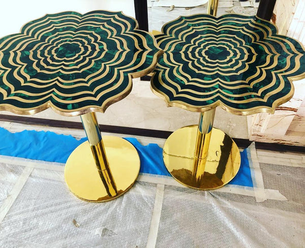 Malachite Flower Accent Table In Brass