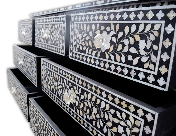 Black Mother Of Pearl Inlay Chest Of 7 Drawers Large