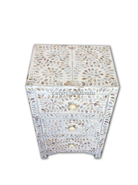 Mother Of Pearl Inlay 3 Drawer Bedside White