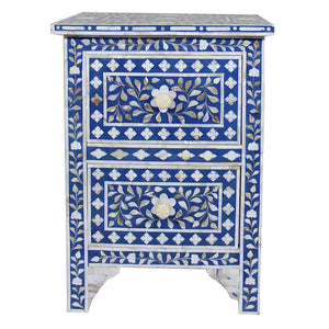 Mother Of Pearl Inlay Floral 2 Drawer Bedside Blue