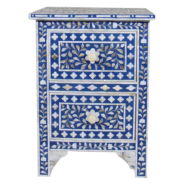 Mother Of Pearl Inlay Floral 2 Drawer Bedside Blue