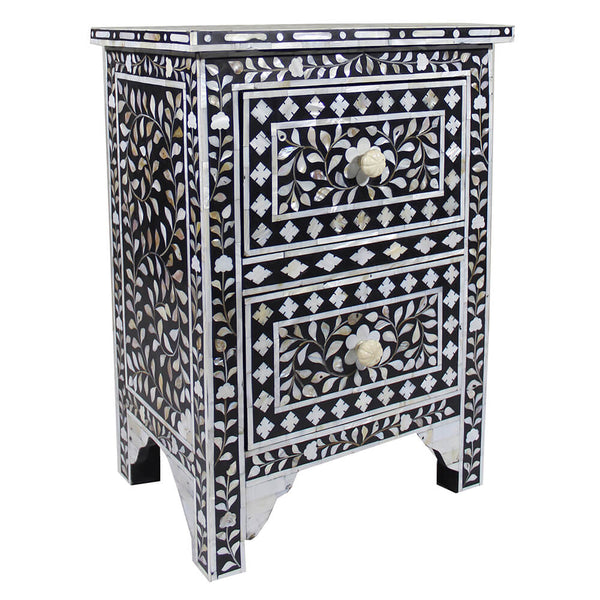 Mother Of Pearl Inlay Floral 2 Drawer Bedside Black