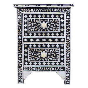 Mother Of Pearl Inlay Floral 2 Drawer Bedside Black