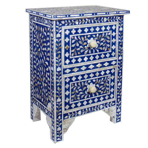 Mother Of Pearl Inlay Floral 2 Drawer Bedside Blue