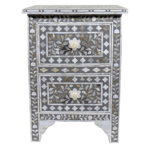Mother Of Pearl Inlay Floral 2 Drawer Bedside Grey