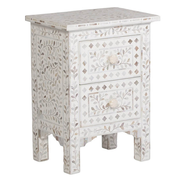 Mother Of Pearl Inlay Floral 2 Drawer Bedside White