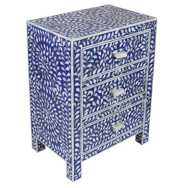 Mother Of Pearl Inlay Floral 3 Drawer Bedside Blue