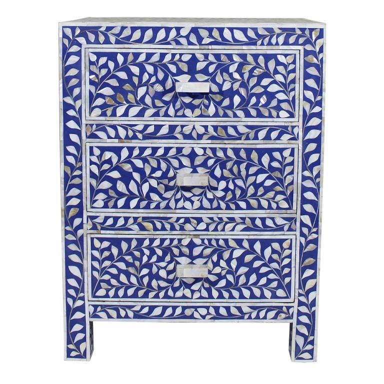 Mother Of Pearl Inlay Floral 3 Drawer Bedside Blue