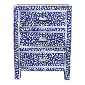 Mother Of Pearl Inlay Floral 3 Drawer Bedside Blue