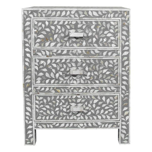 Mother Of Pearl Inlay Floral 3 Drawer Bedside Grey