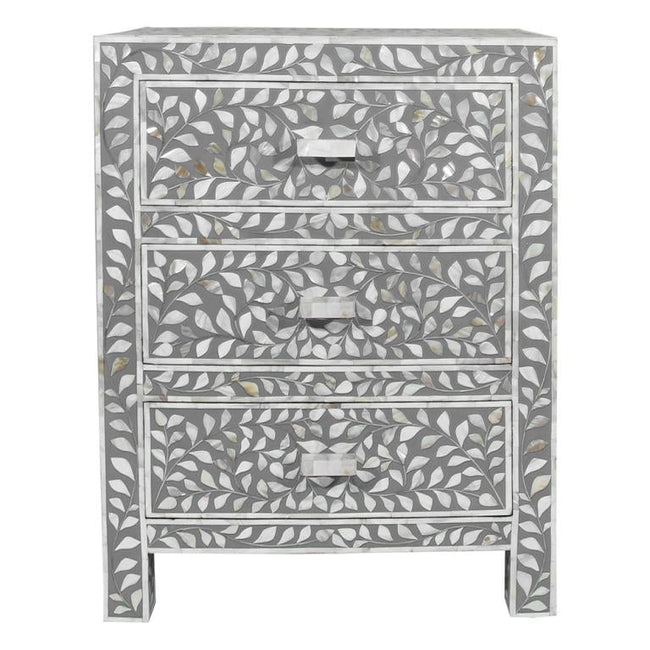 Mother Of Pearl Inlay Floral 3 Drawer Bedside Grey 1