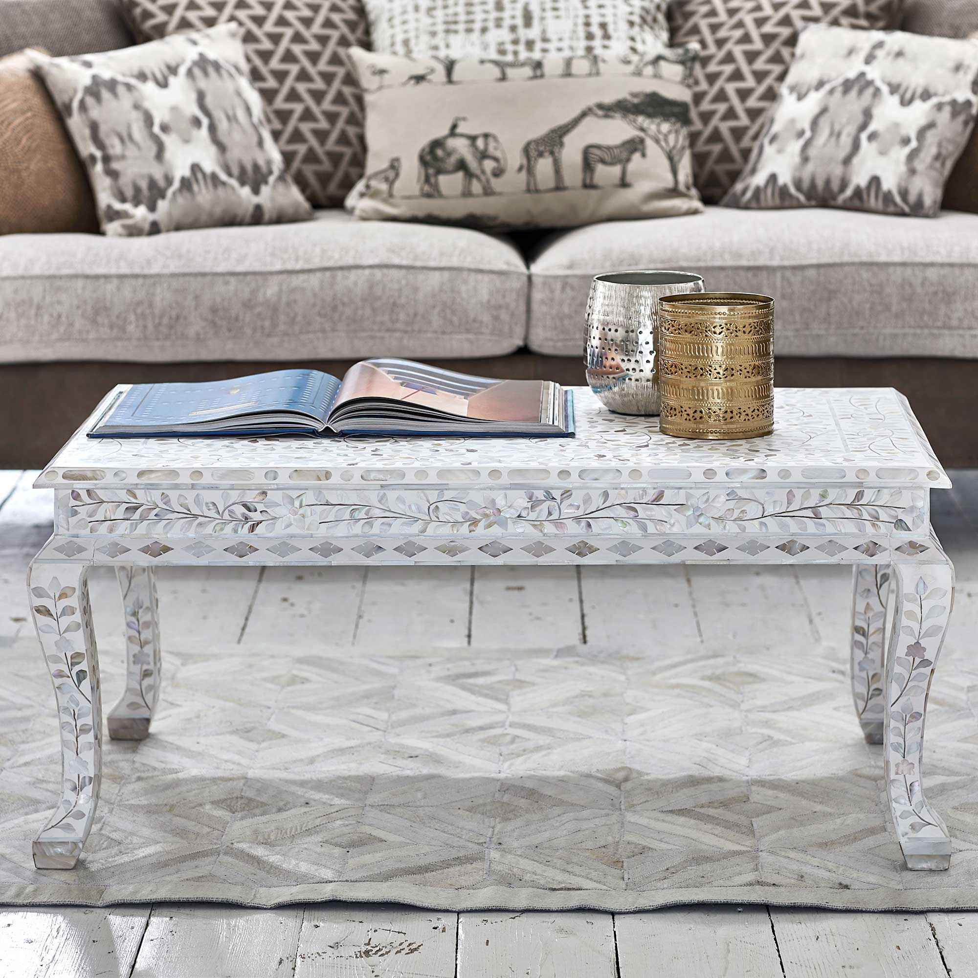 Mother Of Pearl Inlay Floral Coffee Table White