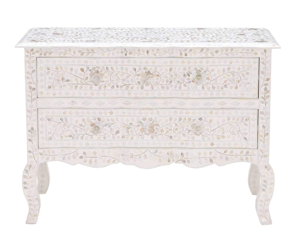Mother Of Pearl Inlay Chest 2 Curved Drawer Floral Design White 1