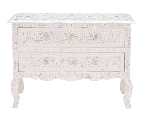 Mother Of Pearl Inlay Chest 2 Curved Drawer Floral Design White 1