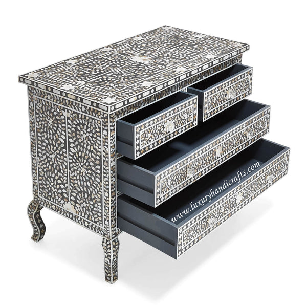 Black Mother Of Pearl 4 Drawer Chest Curved Legs