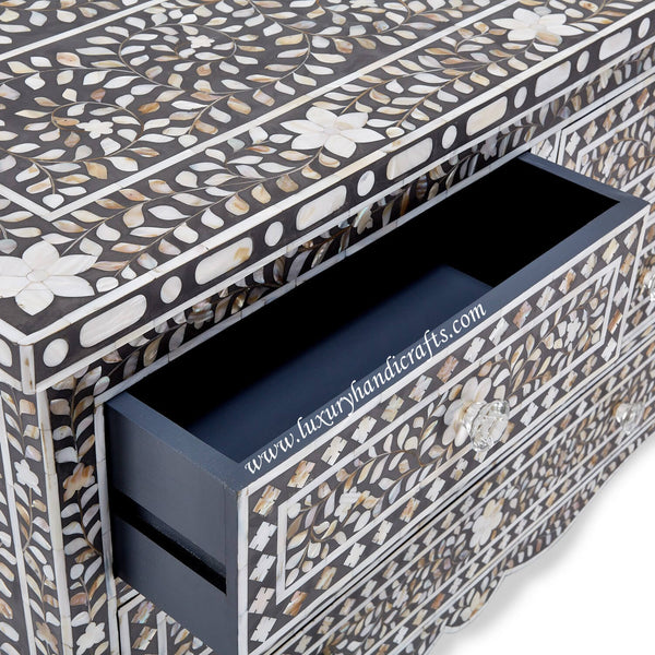 Black Mother Of Pearl 4 Drawer Chest Curved Legs