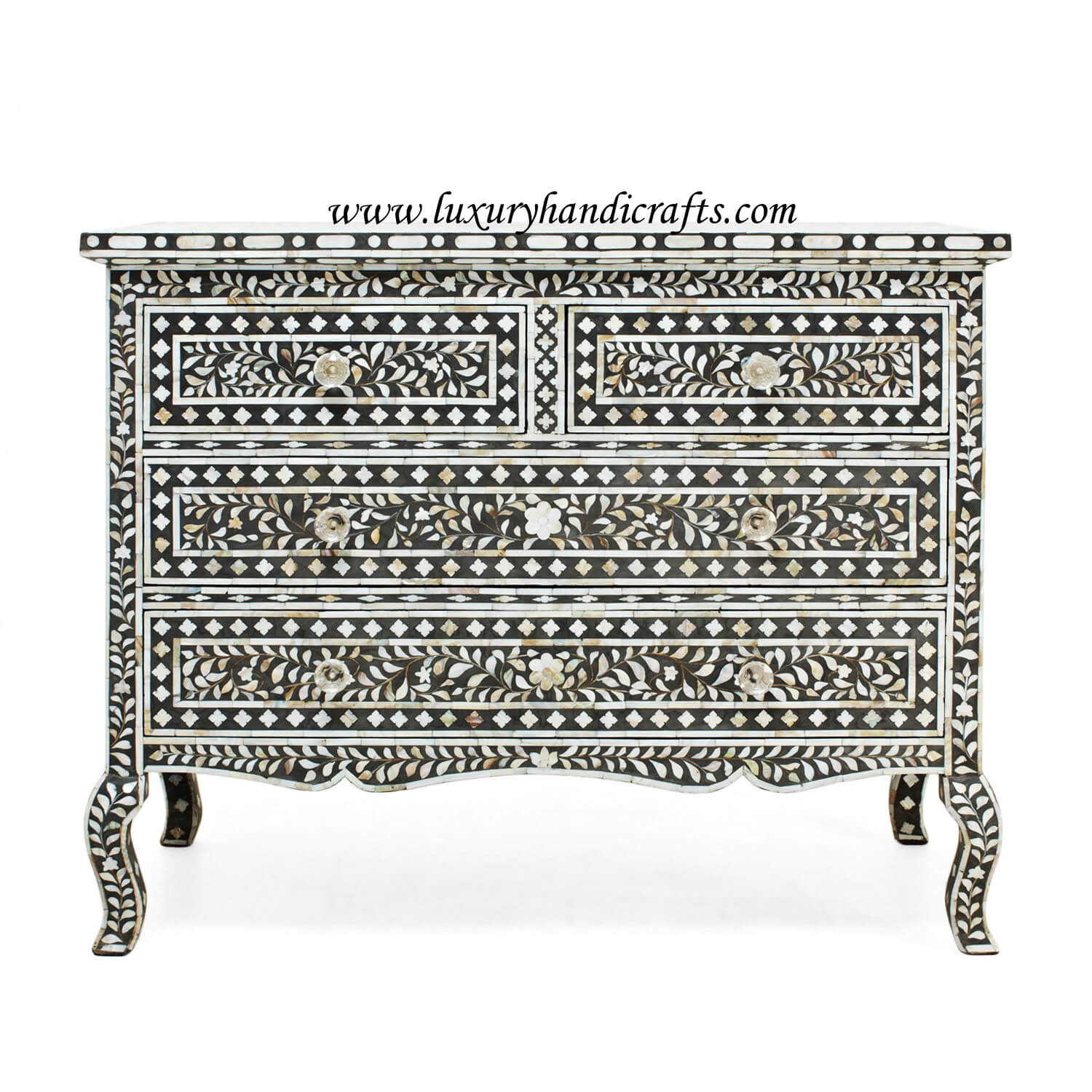 Black Mother Of Pearl 4 Drawer Chest Curved Legs