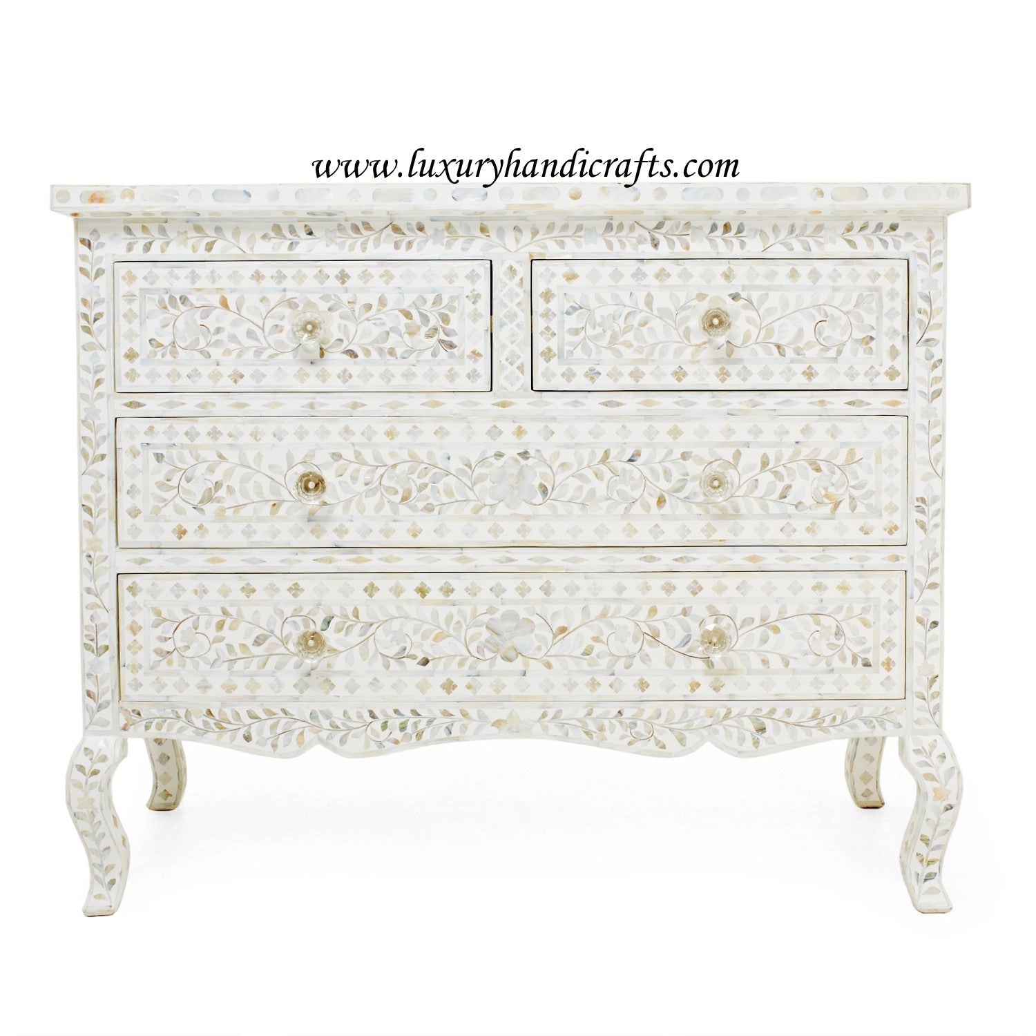 White Mother Of Pearl 4 Drawer Chest Curved Legs 1