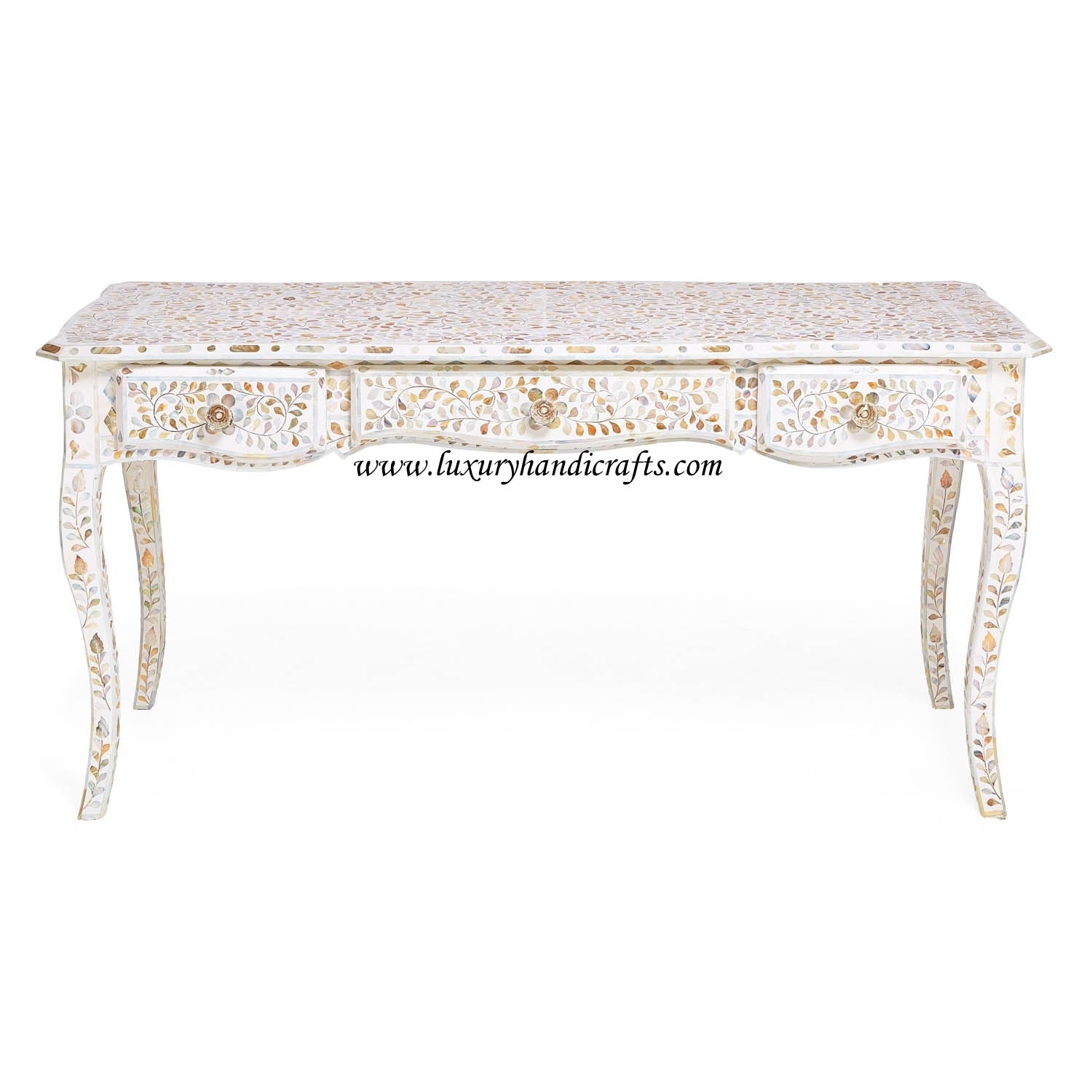 Mother Of Pearl Inlaid Long Curved Leg Desk White 1