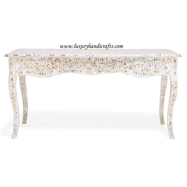Mother Of Pearl Inlaid Long Curved Leg Desk White 3