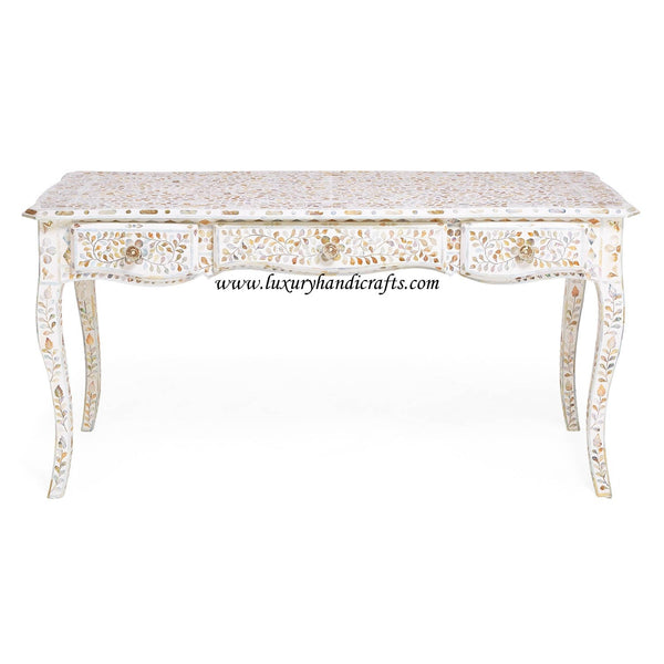 Mother Of Pearl Inlaid Long Curved Leg Desk White 1