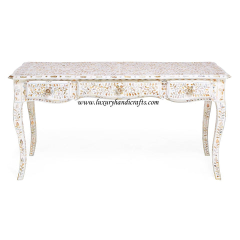 Mother Of Pearl Inlaid Long Curved Leg Desk White 1