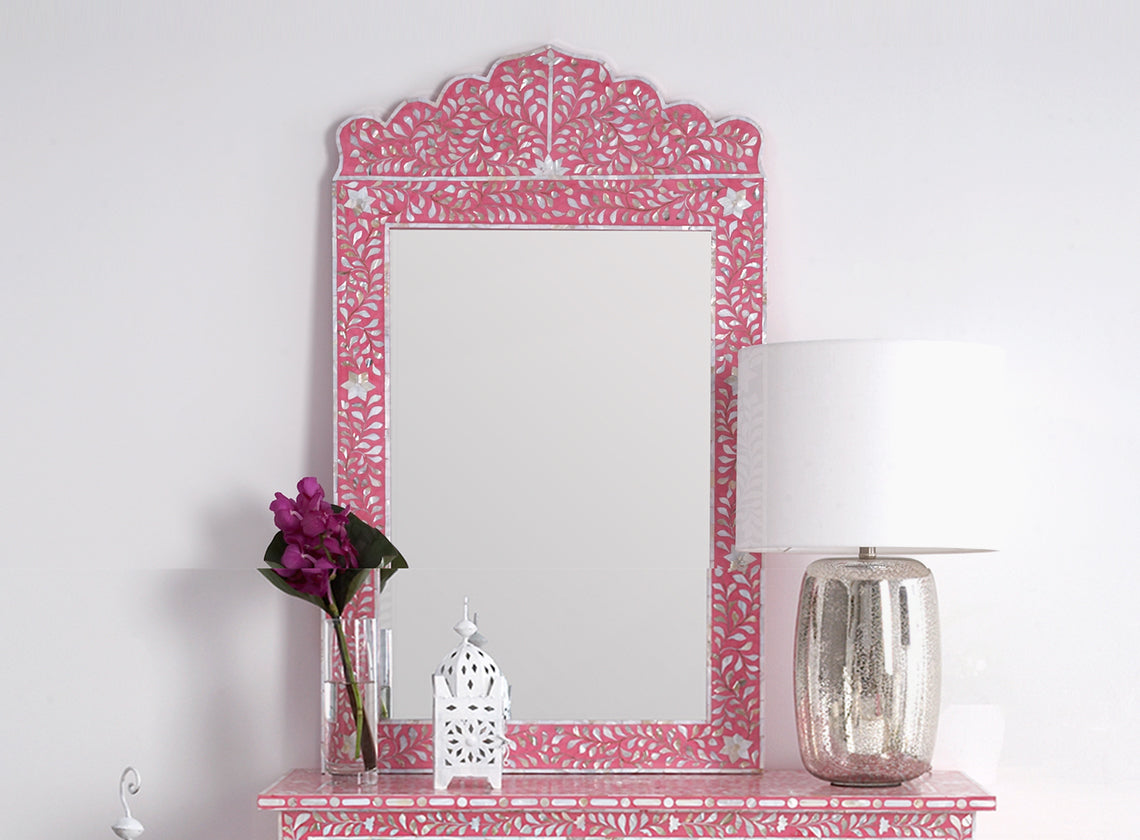 Mother Of Pearl Inlay Floral Crested Mirror Strawberry