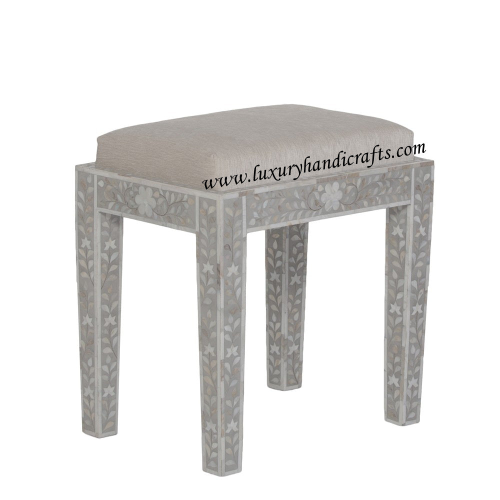 Mother Of Pearl Inlay Floral Stool Grey