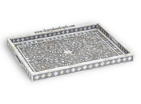 Mother Of Pearl Inlay Floral Rectangular Tray Grey