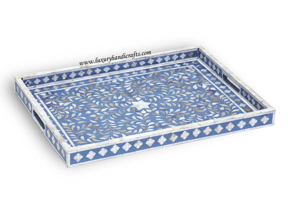 Mother Of Pearl Inlay Floral Rectangular Tray Blue
