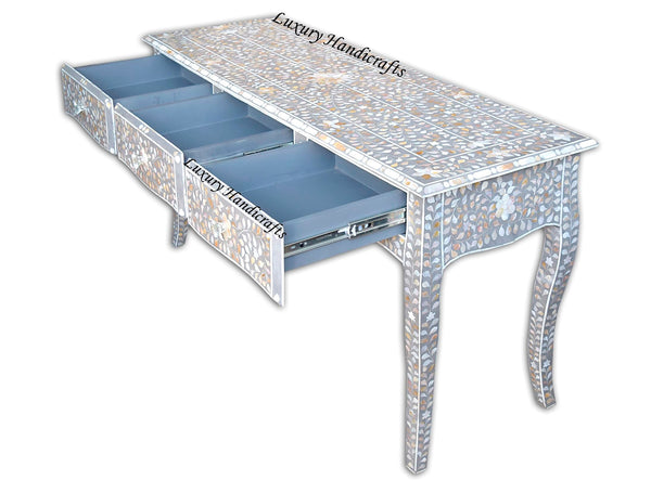 Mother Of Pearl Inlaid Long Curved Leg Desk Grey