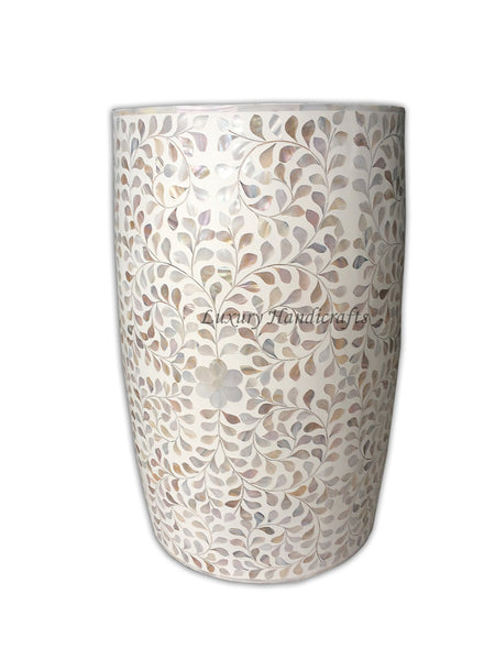 White Mother Of Pearl Drum Floral Side Table