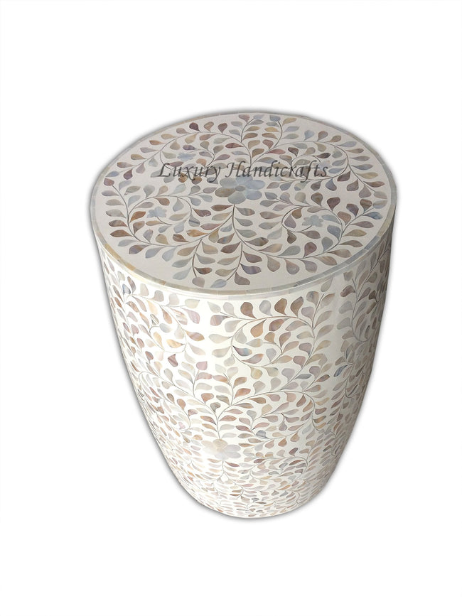 White Mother Of Pearl Drum Floral Side Table 1