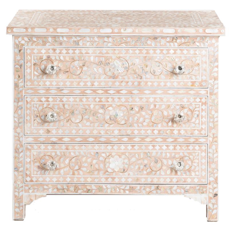 Pale Pink Mother Of Pearl Inlay 3 Drawer Chest Floral