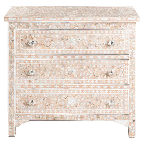 Pale Pink Mother Of Pearl Inlay 3 Drawer Chest Floral