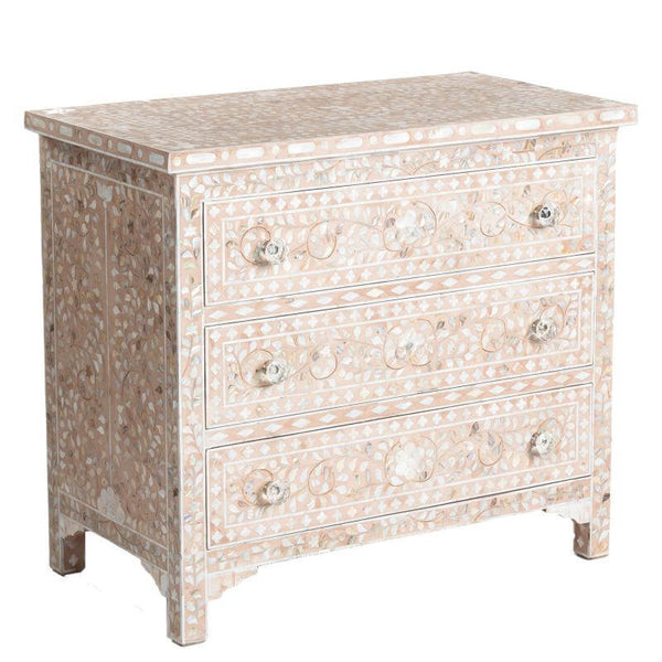 Pale Pink Mother Of Pearl Inlay 3 Drawer Chest Floral