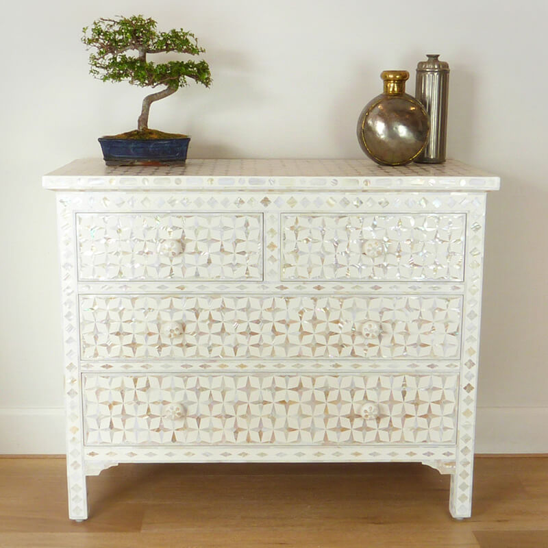 Mother Of Pearl Inlay 4 Drawer Star Chest White