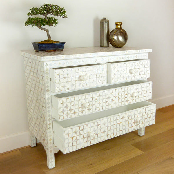 Mother Of Pearl Inlay 4 Drawer Star Chest White