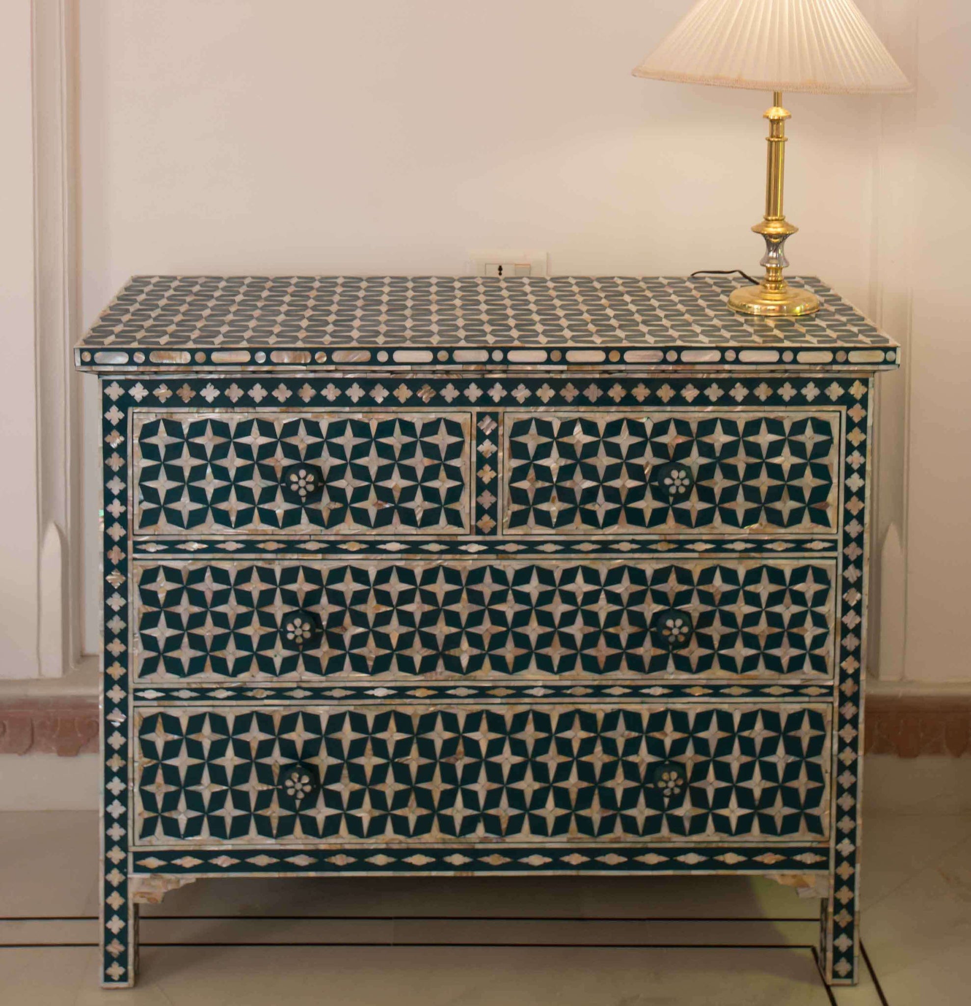 Mother Of Pearl Inlay 4 Drawer Star Chest Teal Green
