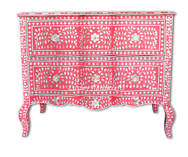 Mother Of Pearl Inlay Chest 2 Curved Drawer Floral Design Pink 1