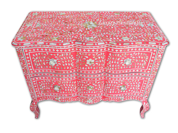 Mother Of Pearl Inlay Chest 2 Curved Drawer Floral Design Pink