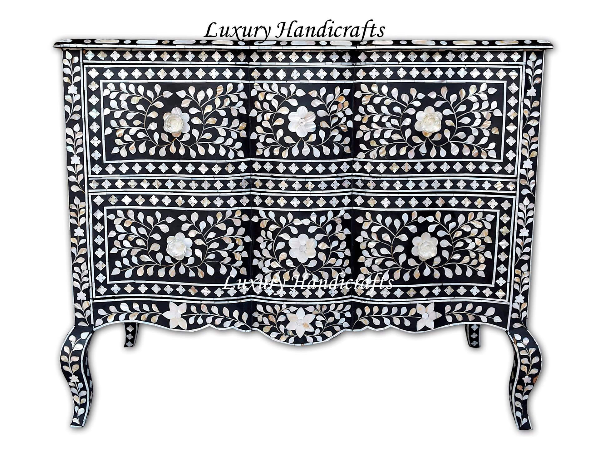 Mother Of Pearl Inlay Chest 2 Curved Drawer Floral Design Black