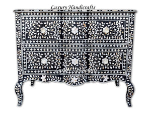 Mother Of Pearl Inlay Chest 2 Curved Drawer Floral Design Black