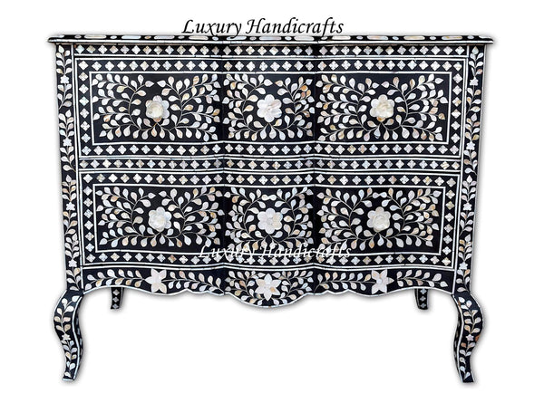 Mother Of Pearl Inlay Chest 2 Curved Drawer Floral Design Black